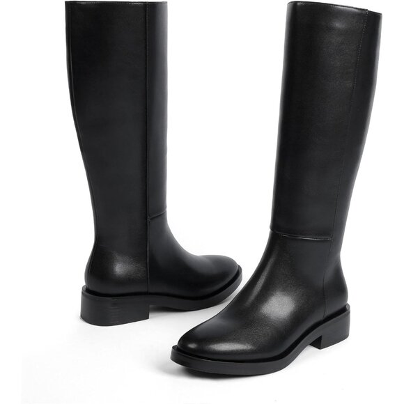 Women Polyurethane Pu Black Round Toe Flat Heel Side Zipper Knee High Tall Boots - Picture 2 of 7